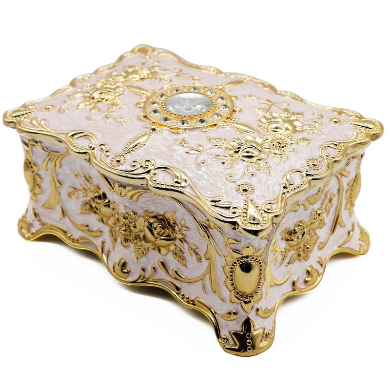 AVESON Luxury Vintage Rectangle Metal Alloy Jewelry Box Trinket Organizer Storage Box with Rose Pattern for Women, Girls, Two-Layer Design, Gold & White, Large - Image 1